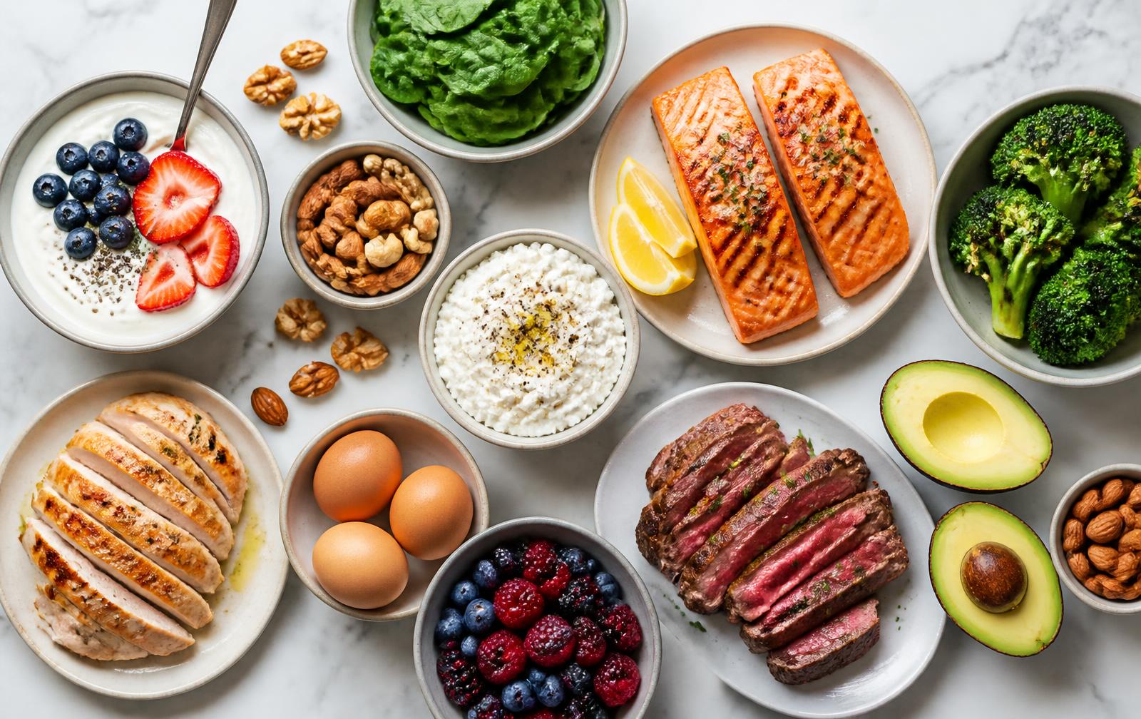Whole-food high-protein spread of salmon, steak, chicken, eggs, yogurt, vegetables and berries